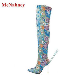 Pointed Toe Embroidery Boots Thin High Heels Over the Knee Back Zipper Flower Print Sexy Women Winter Party Dress Boots Shoes 220514