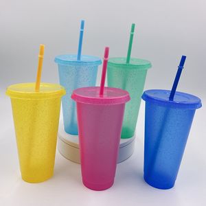 500ml 710ml Creative Sequins Plastic Bottle Plastic Drinking Tumbler with Lid and Straw Summer Drinkware Juice Cup multi-color Z11