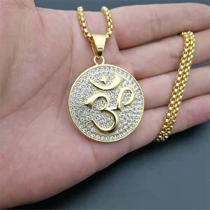 Pendant Necklaces Hip Hop Round Yoga With Box Chain Gold Color Stainless Steel OHM Hindu Buddhist AUM OM India Jewelry