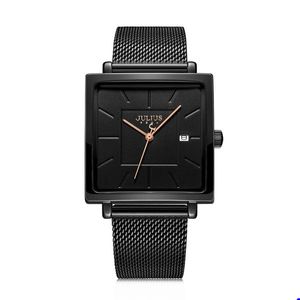 2022 Julius Nya rostfritt stål Mesh Band Women's Business Watch Square Stylish Quartz Wristwatch 30m vattentäta klockor H3