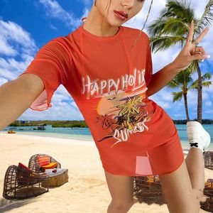 Women Sexy Swimsuit Sheer Dress Short Sleeve Beach Cover Ups Bikini Set 3Pieces Swimsuit