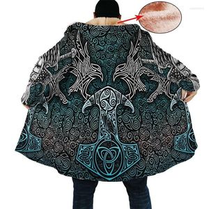 Men's Trench Coats Fashion Year Winter Men's Viking Style Cape 3D Tattoo Full Print Fleece Hooded Jacket Unisex Casual Thick Warm Nadi22