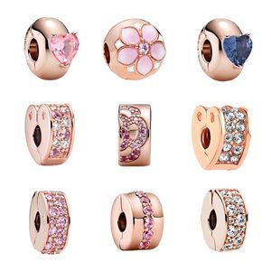 New Popular 925 Sterling Silver European Rose Gold Powder Blue Heart Shaped Solitaire Clip Charm Charm Bracelet DIY Pandora Women's Original Beading