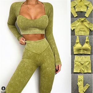 1/2 / 3pcs ribbad tvättad sömlös yoga uppsättning skörd topp kvinnor skjorta leggings outfit workout fitness wear gym kostym sport sätter kläder 220330