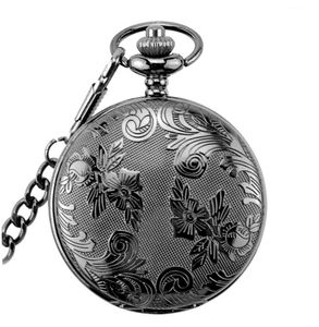 Pocket Watches 5pcs/lot Retro Black Mechanical Watch Mens Classic Elegant Skeleton Hand Wind Male Clock Pendant FOB Chain WatchesPocket