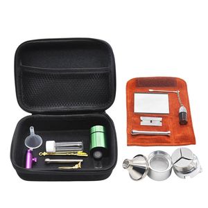 Röker färgglada flerfunktioner Snuff Snorter Sniffer Stash Case Travel Kit Dry Herb Tobacco Grinder Glass Storage Box Spoon Container Cigaretthållare Bag DHL