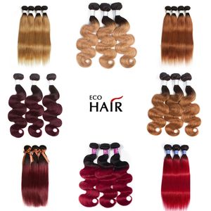 Brasilianska jungfruliga hårbunt B B B J Human Hårförlängningar Bunds Peruvian Indian Malaysian B Burg Two Tones Ombre Color Hair Weave