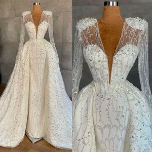 Lussuoso abito da ballo abito da sposa paillettes perline sexy scollo a V maniche lunghe pizzo tulle volant lunghezza del pavimento strascico staccabile abiti da sposa su misura