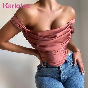 Karlofea vår sommar mode kläder för kvinnor sexig tank rosa söt utbenad bustier outifts draped cowl y2k korsett grödor topp 220325