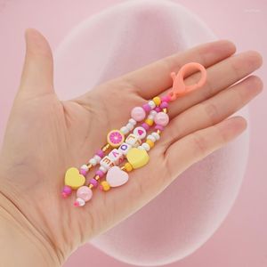 Keychains Lovely Pink Yellow Soft Pottery Love Heart-Shaped Letter Rice Beads Imitation Pearl Keychain Women's Jewelry Accessory SMAL22