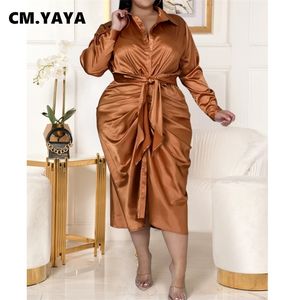 CM.YAYA Women Plus Size Satin Long Sleeve Ruched Single Breasted with Sashes Shirt Style Dress 220516