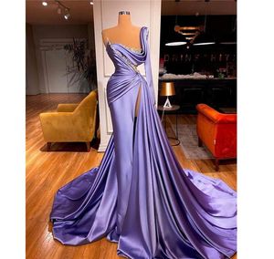 2022 Lavender Satin Mermaid Formella aftonklänningar Långa ärmar Sexig sidospla