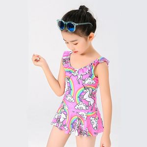 어린이 여름 여름 수영복 만화 유니콘 인쇄 한 피스 수영복 여자 소매가 드레스 입욕복 110-160cm 클래식