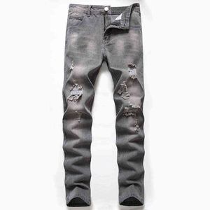 Heren jeans denim verpest nieuwe grijs-zwarte gescheurde rechte broek mode casual dagelijkse broek trend groot formaat L220704