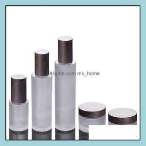 Packing Bottles Office School Business Industrial Frosted Glass Cosmetic Jars Pump With Plastic Woodg Dhsbv