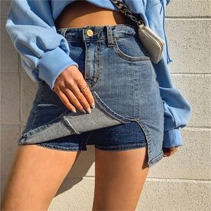 Womens shorts summer highelastic fashion casual wild split denim short skirt pants Korean high waist bag hips 210311