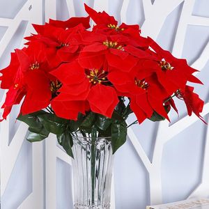 装飾的な花の花輪1ピースクリスマスビッグレッドヘッドブーケフランネル人工ポインセチアの茂みブーケ飾り本物のタッチ家の装飾