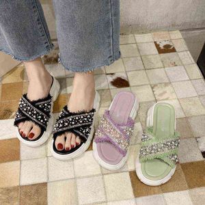 Slippers Flat Shoes Female Ladies on a Wedge Platform Low Slipers Women Luxury Slides Cross Tied Designer Soft Summer Fabr 220329