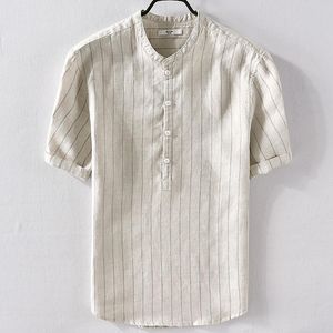 Koszulki męskie marka marki lnianej krótkoczestronnej koszuli w paski szczupły lniane męskie m-3xl Summer White Male Camisamen's