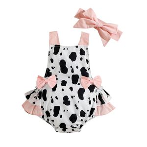 Bebek kız bebek kızlar sevimli tulum inek lekeleri baskı kolsuz bodysuit yaz sırtsız kıyafetleri kafa bandrompers