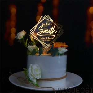 Kişiselleştirilmiş Bay Mrs Cake Toppers Düğünler EST Parlak Ayna Glow Özel Düğün Tarihi Gelin Damat için Naden İsim D220618