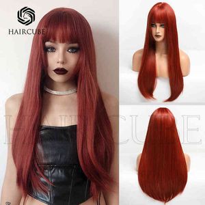 Women's Wig Brown Red Qi Bangs Långt rakt hår lämpligt för festdans peruker 220527