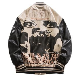 Jaqueta Masculina Vintage Baseball Jacket de Couro Retrato Masculino Letra Bordado Cor Contraste Varsity Oversize Casaco Bomber Unissex Outono Masculino