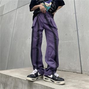 Mäns jeans retro våg randigt lapptäcke tvättade rippade män denim byxor lösa raka streetwear casual överdimensionerade par byxor