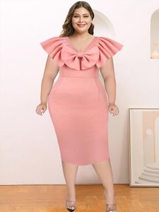 Plus Size Dresses Pink Dress Women Party 2022 Elegant Ruffle Bow V Neck Slim Fit Robe Sleeveless Sexy Midi Birthday Event African SummerPlus