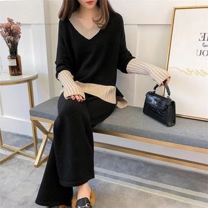 HSA Winter Women Two Pieces Sweater Suite V neck Loose Style Female Knit Jumpers Wide Leg Pants Sweater Suit Korean 201204