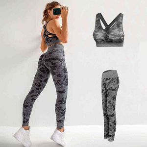 Yeni Kamuflaj Güzel Arka Şok geçirmez Yoga Sütü Set İki Parçalı Kadın Spor Salonu Yüksek Bel Kalçaları Spor Giysileri J220706