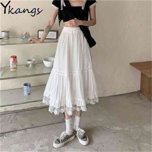 High Waist Lace Stitching Ruffle Tulle Pleated Skirt Summer Vintage White Thin Long Women Korean Black Streetwear 210421