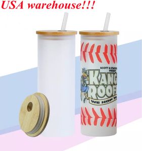 Yerel Depo 25 oz Sublimasyon Cam Tumbler Boş Düz Damdır Cam Su Şişesi Bambu Kapaklarla Bira Soda Can Can Summer Cups ABD Stok