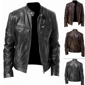 Men Jacket Stand Collar Long Sleeves Faux Leather Ziper Jacket Vintage Cool Motorcycle Jacket Club Bomber Jackets Plus Size Outfit L220718