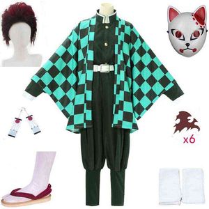 Aldult Kids 악마 슬레이어 Kimetsu no Yaiba Tanjirou Kamado Cosplay Come 기모노 망토 할로윈 파티 Anime Clothes Uniform Set L220715