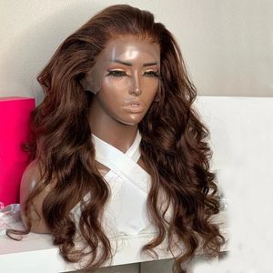 Priplucked 26inch Long Glueless Wig Dark Brown Body Wave Synthic Hair Lace Front Pärlor för Kvinnor Värmebeständig fiber 180% Täthet