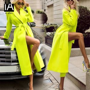 yellow Elegant Winter wool Overcoat Long Bandage Woolen Coat Cardigan Loose Plus Size outwear winter coat women LJ201109