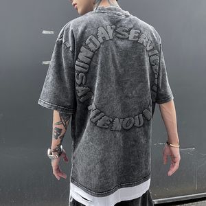 Summer Letter Foam Washed Retro Black Mens T Shirt Short Sleeve Oversized Streetwear Cotton Tees Loose Crew Neck Casual Tshirts