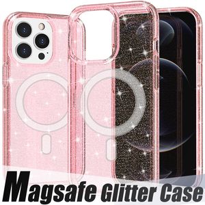 Transparent magnetisk gl￤nsande glittertelefonfodral f￶r iPhone 14 13 12 Pro Max Plus Mini TPU PC Wireless Charger Magsafe st￶ts￤kert omslag