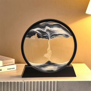 Decorative Objects Figurines 3D Quicksand Picture Round Glass Moving Sand Art In Motion Display Flowing Hourglass Painting Frame For Home Decor