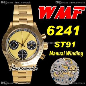 WWF Paul Newman 6241 ST91 Manuell vindkrokografi Mens Klocka 1967 Sällsynta Vintage 18K Gold Black Yellow Dial Oysterpeel Armband TimezoneWatch Super Edition B2