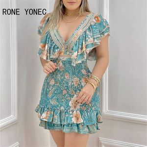 Kobiety Chic Deep V Szyja rękawy Linia Distsy Floral Print Ruffle Hem Folds Mini Dress 220509