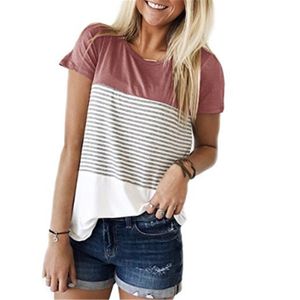 여자 여름 티셔츠 라운드 넥 트리플 컬러 블록 스트라이프 티셔츠 여성 의류 의류 탑을위한 짧은 소매