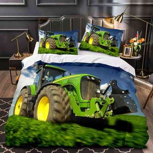 Boys Tractor Printed Bedding Set Men Construction Cars Pattern Comforter Cover for Kids Heavy Machinery Vehicles Duvet