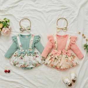 Bebek Romper Giyim Setleri Çiçek Baskı Sahte İkili Tasarım Uzun kollu Pembe Yeşil Çocuk Giysileri 1041 E3