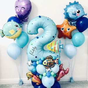 Tierbabys Geburtstagspartydekorationen großhandel-44pcs unter Sea Ocean World Tierballons Blau Nummer Ballon Sea Party Themen Kinder alles Gute zum Geburtstag Party Dekoration Babyparty