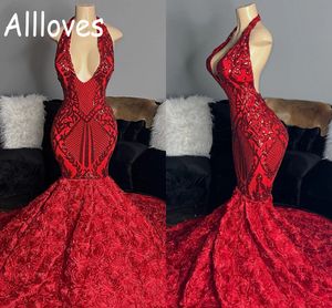 Röd Rose Floral Sequined Lace Prom Klänningar Halter Sexig V Nacke Ärmlös Kvinnor Kändis Formell Kvällar Sweep Train Backless Mermaid Vestidos de Novia CL0208