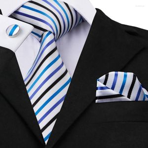 Papillon SN-290 Bianco Nero Dodgerblue Cravatta a righe Hanky Gemelli Set da uomo 100% seta per uomo Festa di matrimonio formale Sposo Fred22