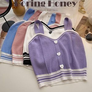 Women's Tanks & Camis Boring Honey Women Crop Top Love Button Sleeveless Knitted Tops Contrast Color Summer Fashion Be All-Match V-Neck Tops