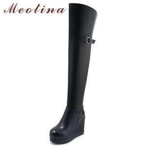 Winter Thigh High Boots Women Genuine Leather Platform Wedge Heel Over the Knee Zip Super Long Shoes 40 210517